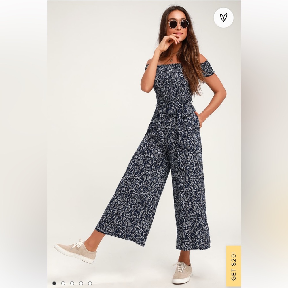 Behold Navy Blue Floral Print Off-the-Shoulder Jumpsuit